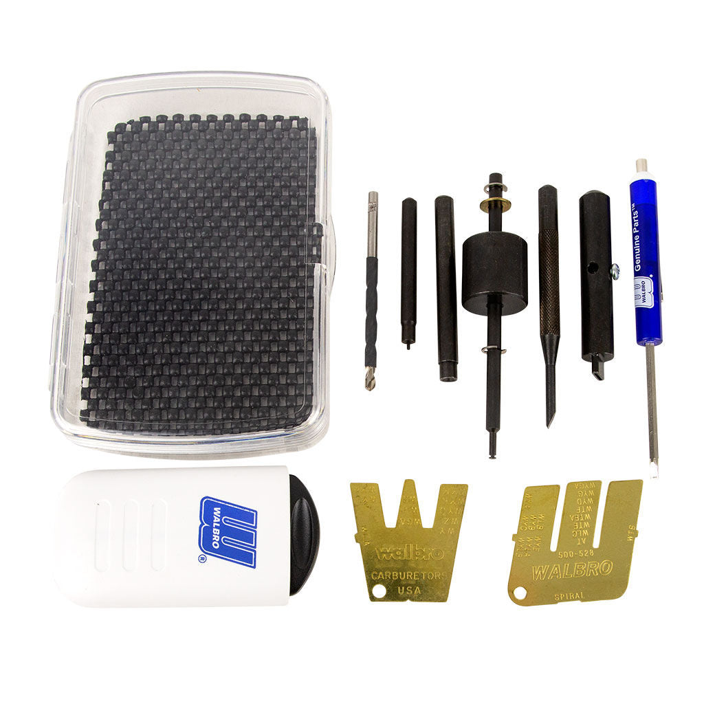 Genuine Walbro 500-538 carburettor tool kit showing welch plug tools, check valve tools, brass gauges, screwdriver and LED