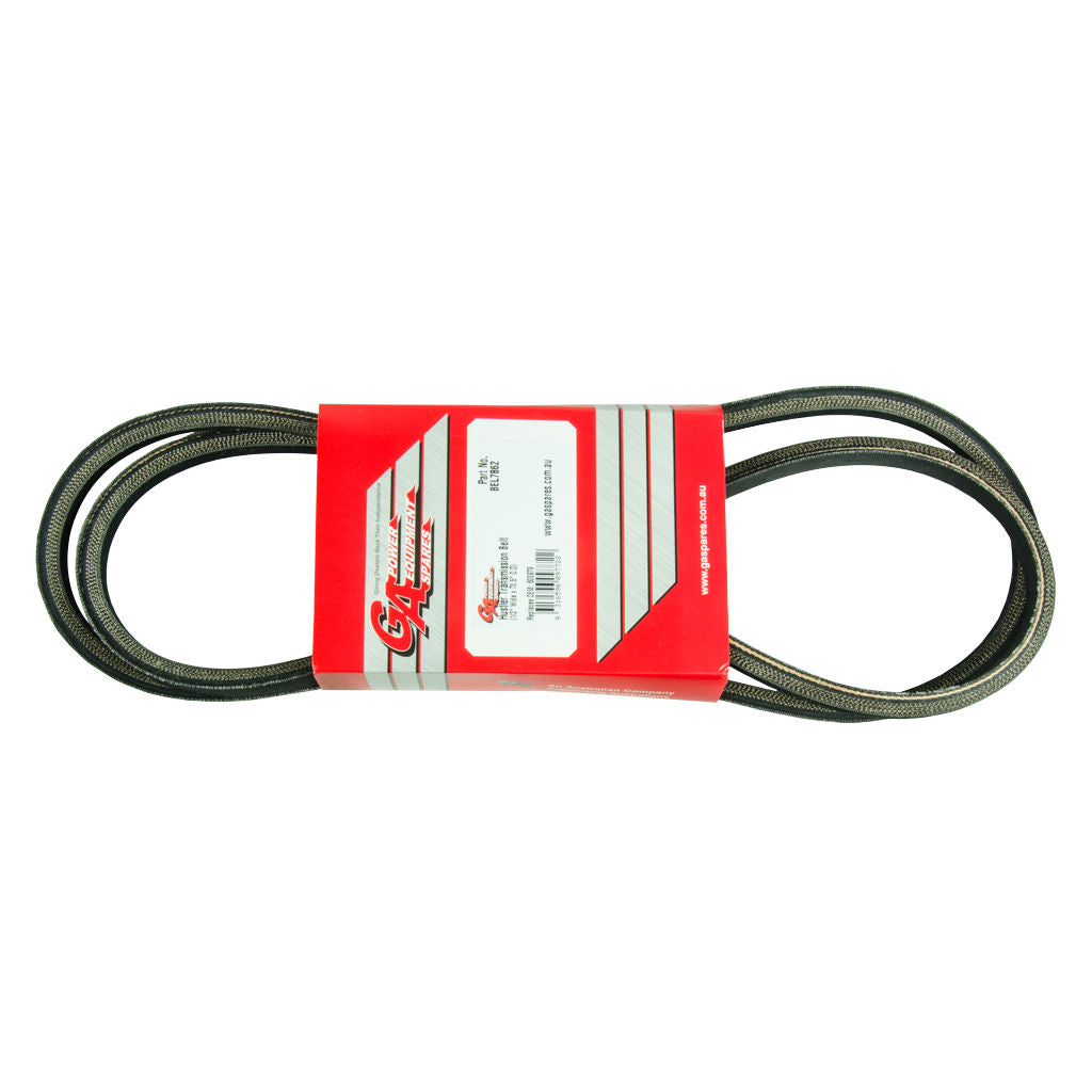 Black V-belt transmission belt for Hustler mower, SKU BEL7862, 1/2 inch wide by 70.5 inch outside circumference