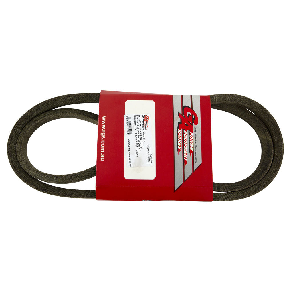 MTD front variable drive upper V-belt, 5/8 inch wide, SKU BEL954-04001, shown as a black wrapped drive belt