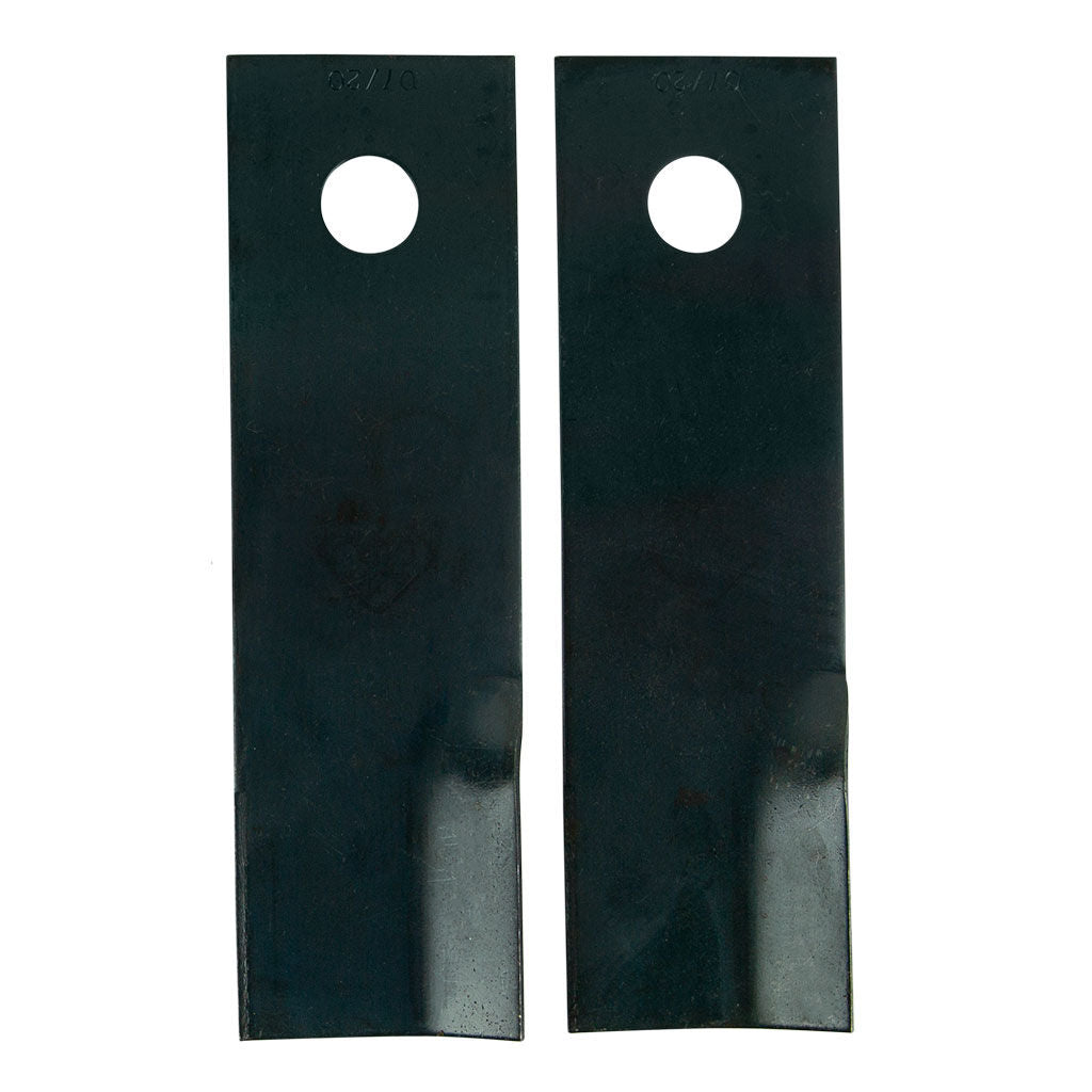 Rover 4-1/4 inch swing back mower blade pair, SKU BLD297, flat blades with 1/2 inch centre hole in skin pack