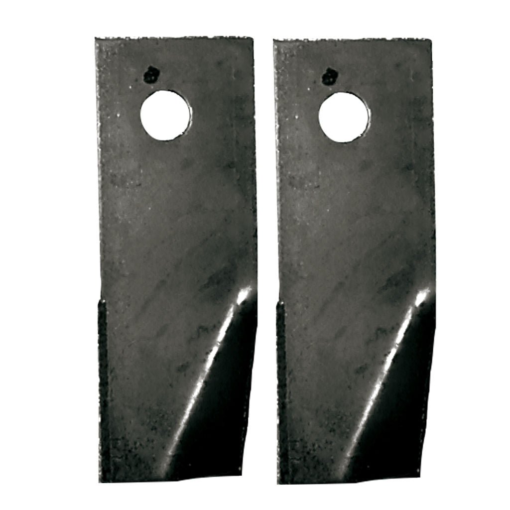 Pair of Masport 3-15/16 inch domestic swing-back mower blades with offset bolt holes, SKU BLD3041, skin packed