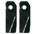 Pair of 3-3/4 inch swing back mower blades with domed bolt holes, SKU BLD310, in skin pack display packaging