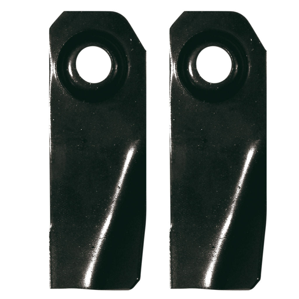 Pair of 3-3/4 inch swing back mower blades with domed bolt holes, SKU BLD310, in skin pack display packaging