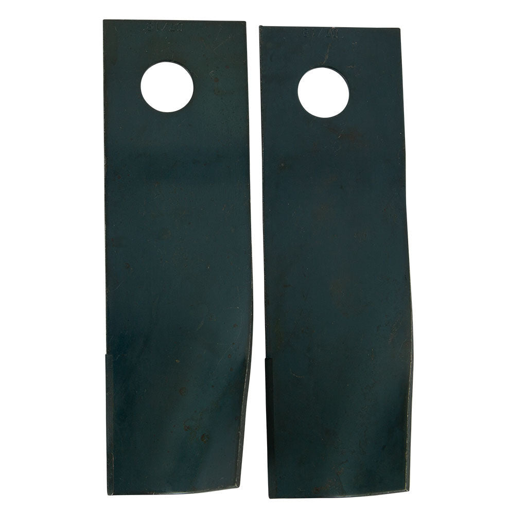 Stepped swing back mower blade set with formed flute and offset bolt hole, SKU BLD3645, shown skin packed