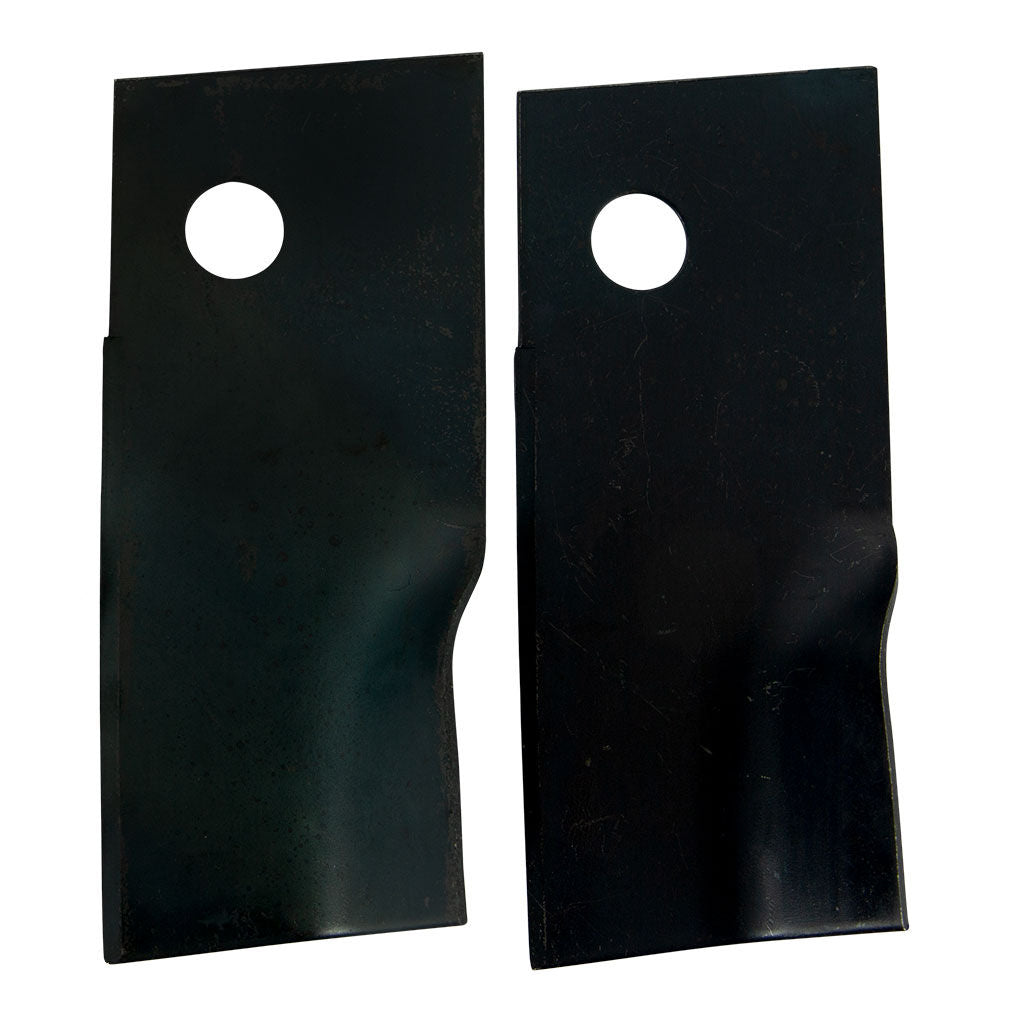 Pair of 3-3/4 inch swing-back lawn mower blades with offset bolt hole, SKU BLD5695, in retail skin pack