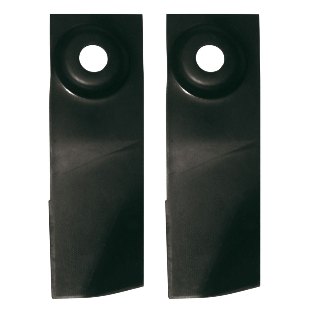 Pair of 4-1/4 inch swing back mower blades with domed bolt holes, SKU BLD6420, skin packed for display