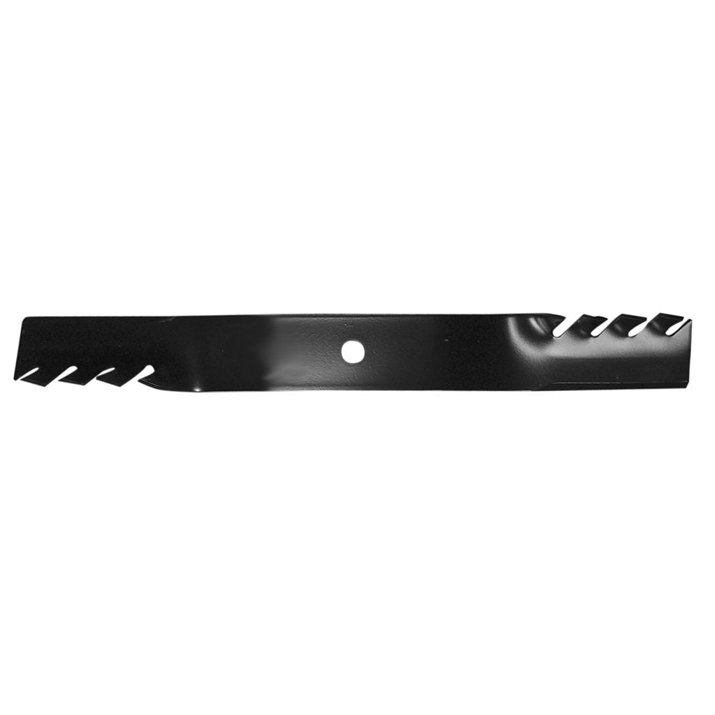 Toothed 3-in-1 mulcher bar blade for 60 inch mower decks, SKU BLR6339, with round centre hole