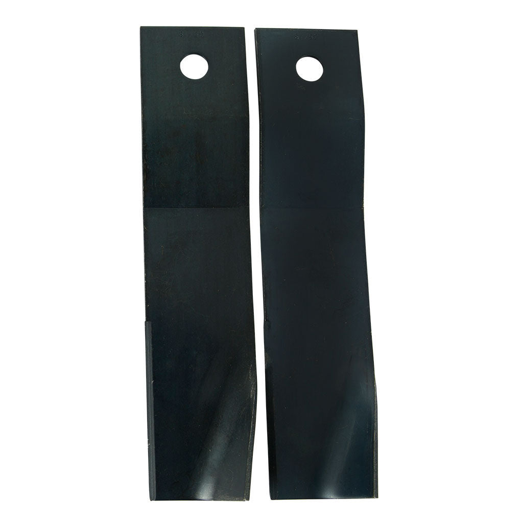 Skin packed pair of 7-3/4 inch swing back mower blades, SKU BLS3817, showing stepped high flute profile and centre hole