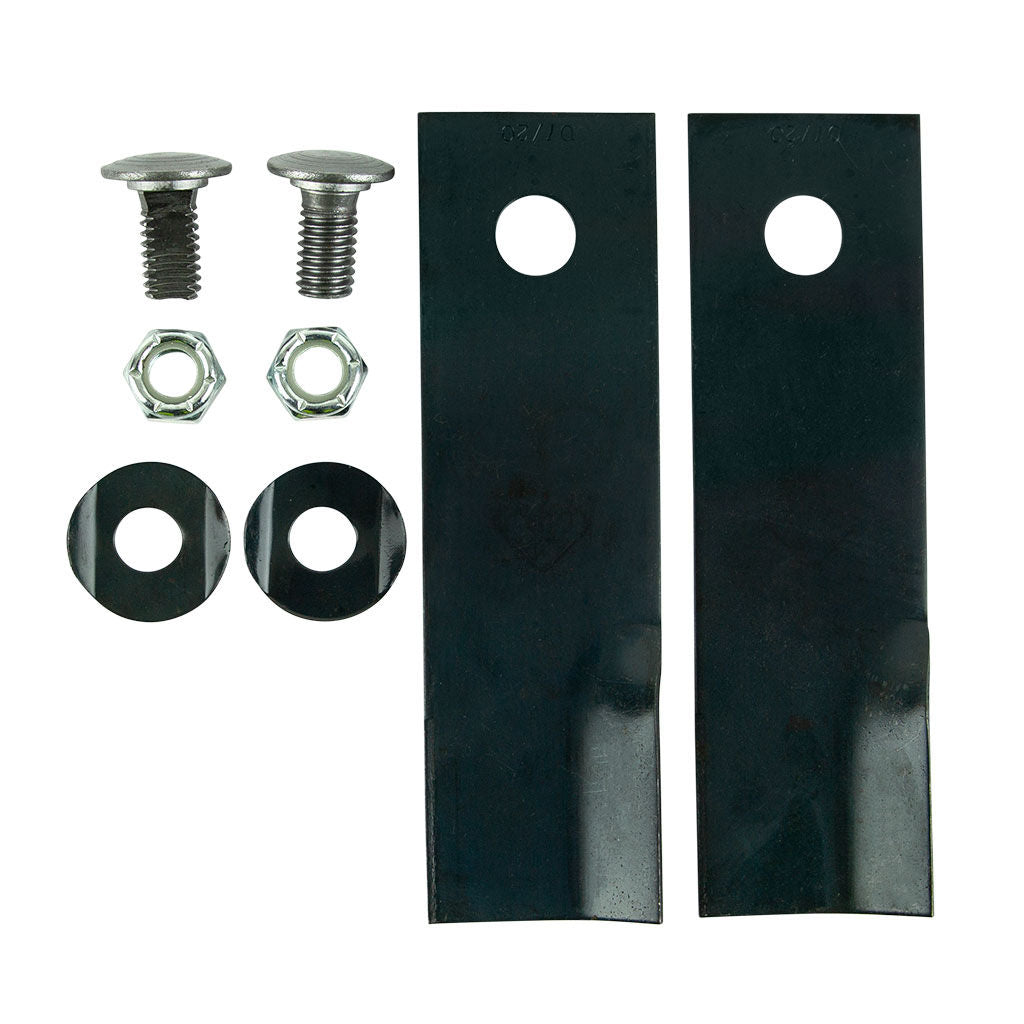 Skin packed Lawnmaster and Rover swing back blade and bolt set, SKU BNC3239, showing two blades with mounting bolts.