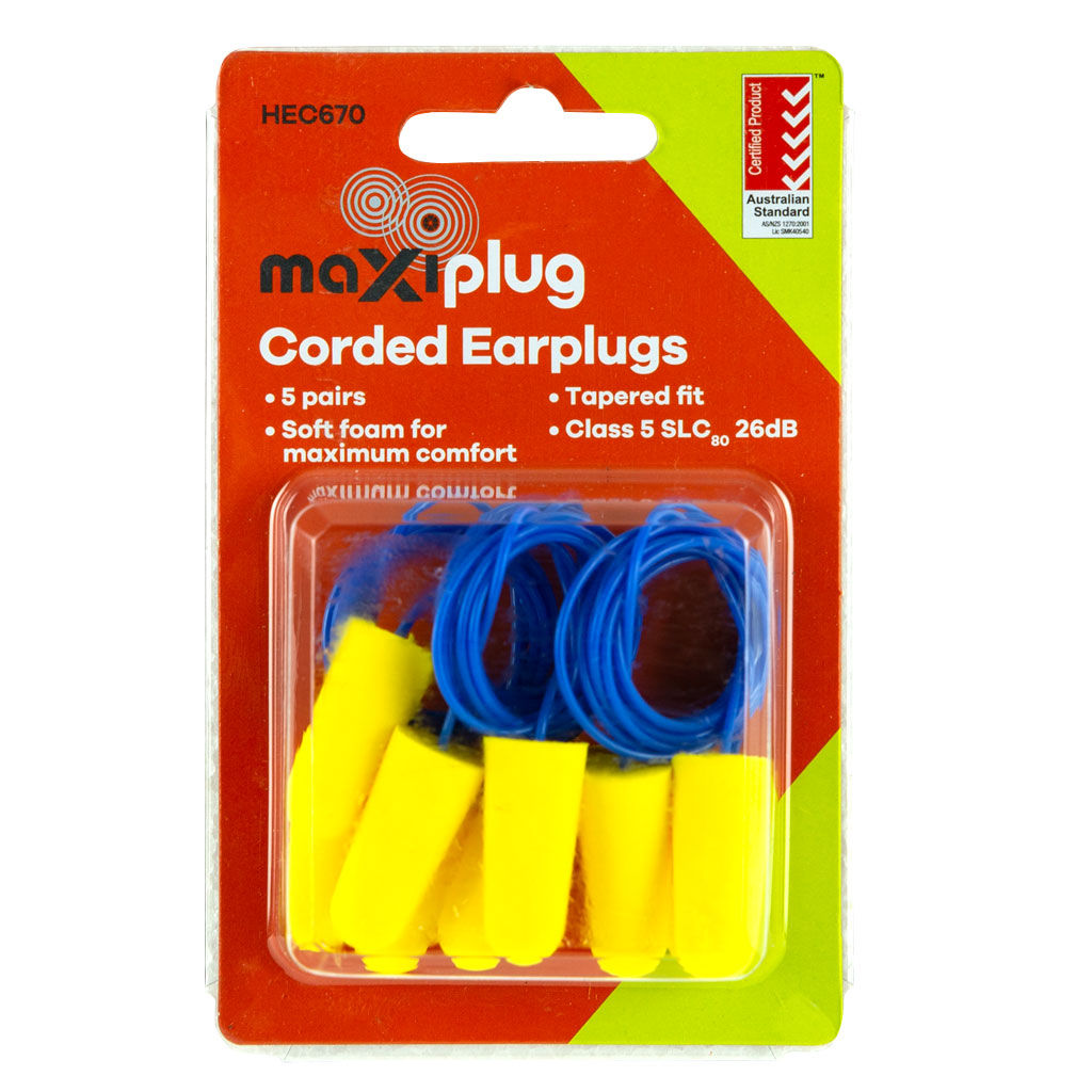 Maxisafe corded foam earplugs retail blister pack of 5 pairs, SKU BRG8327, with individually bagged tapered plugs