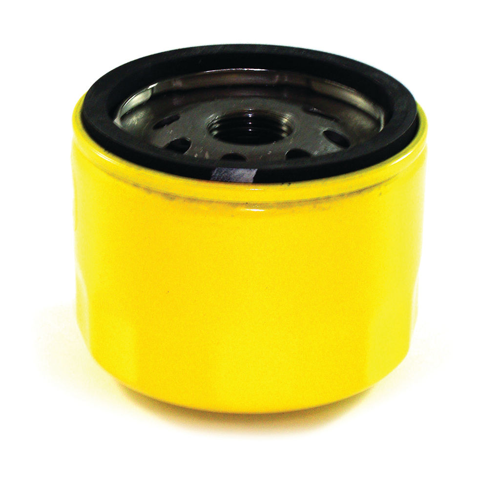 Genuine Briggs &amp; Stratton Extended Life yellow oil filter, SKU BRI696854, cylindrical short type engine oil filter