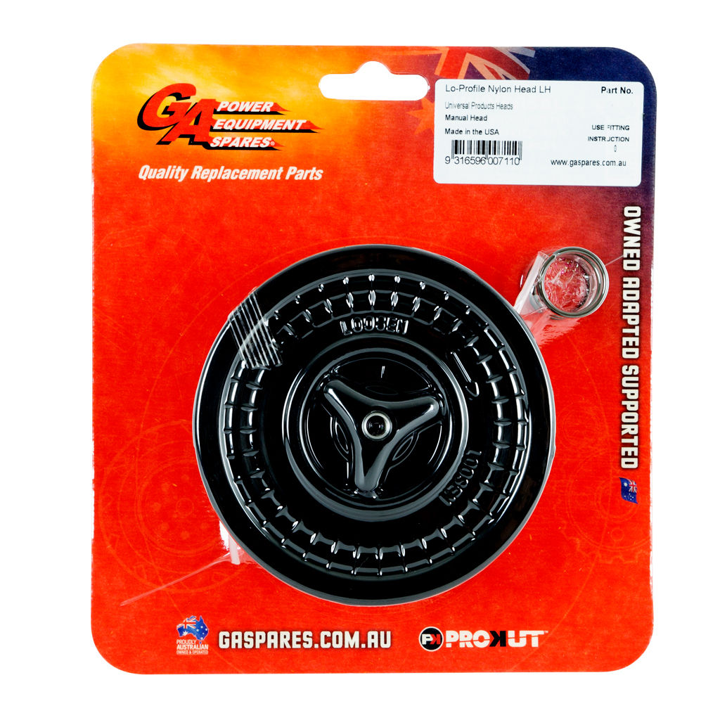 GASPARES BRN5111L low-profile black nylon trimmer head, left-hand rotation, no arbour, shown as a product photo