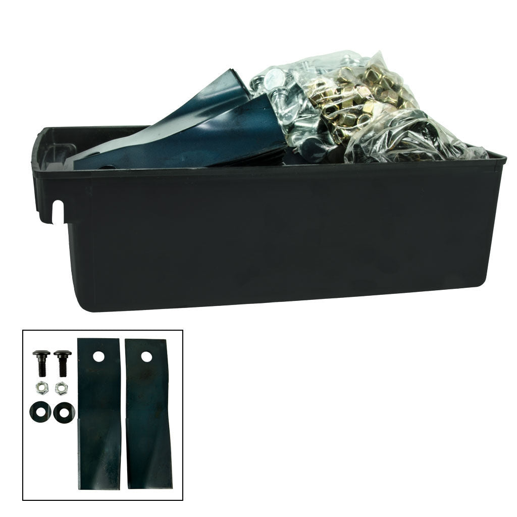 BWS8370 bulk workshop pack of 25 swing back mower blades and bolt sets in a reusable plastic parts box
