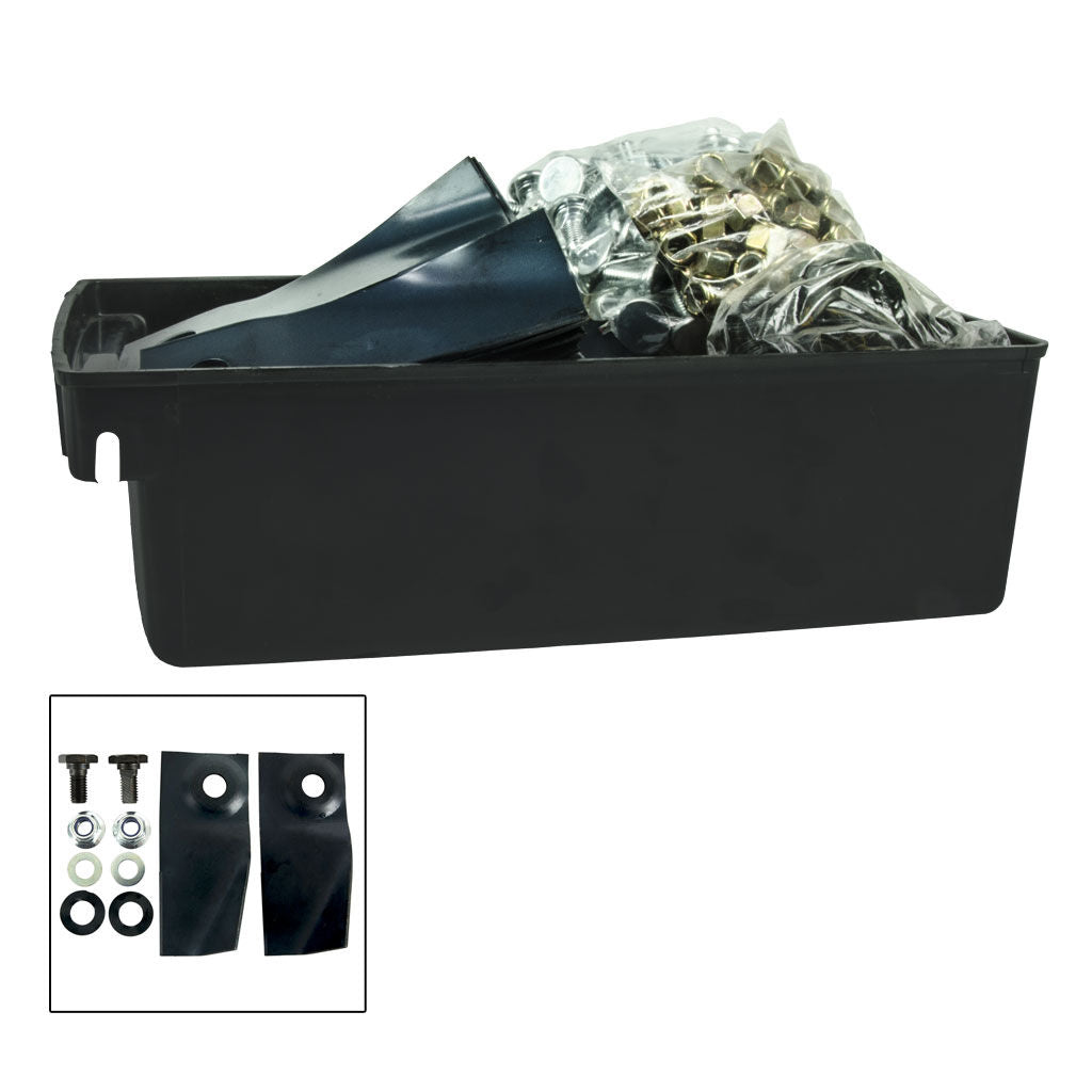 BWS8526 lawn mower blade and bolt set workshop pack of 50 sets in a reusable plastic spare parts box
