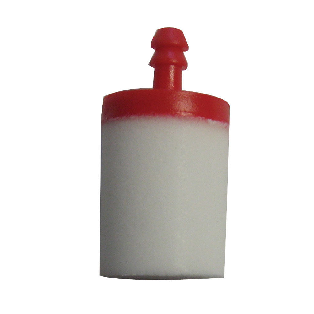 Porex type fuel filter with 6mm barb, SKU CAS6715, small porous filter body for outdoor power equipment fuel lines