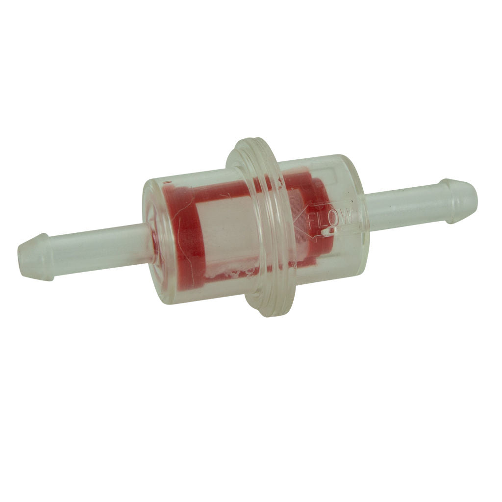 Clear in-line fuel filter with 1/4 inch barbs, SKU CAS8286, showing transparent filter body and barbed ends