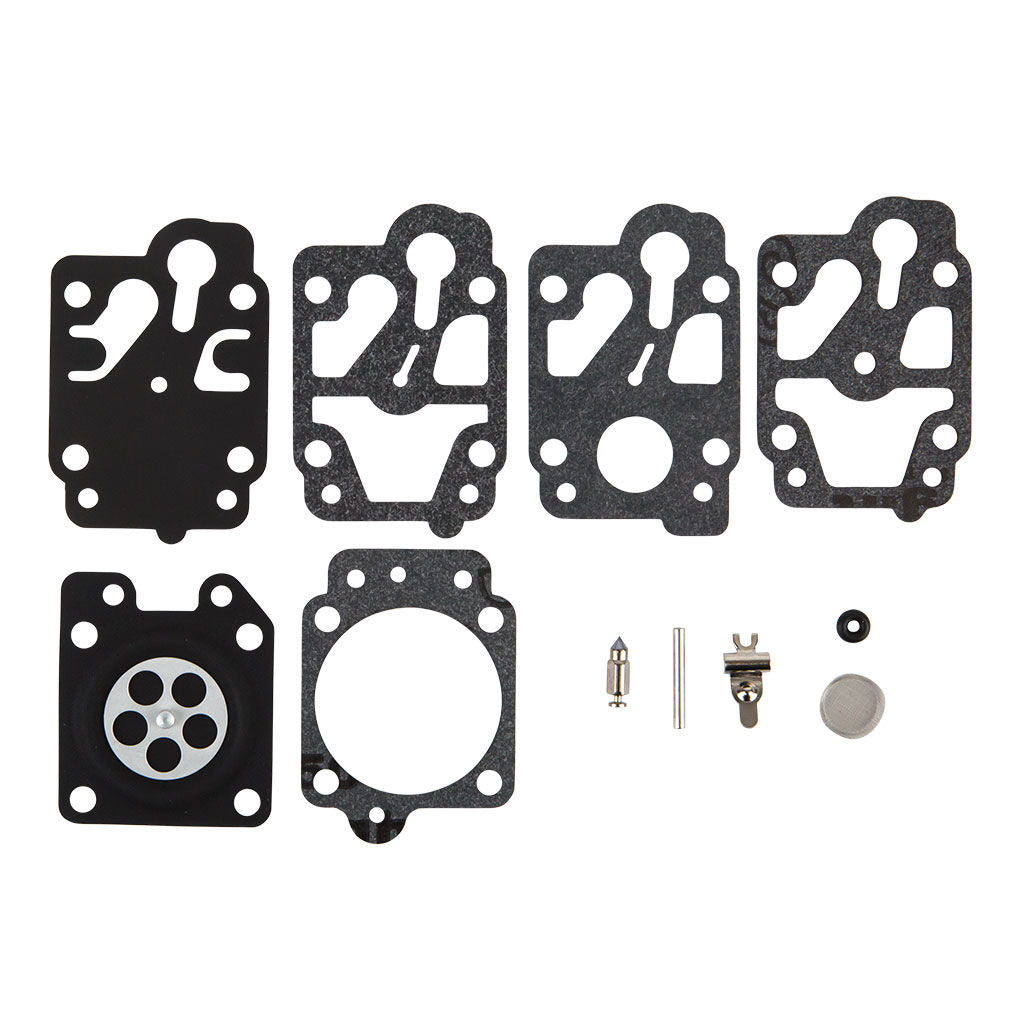 Non-genuine Walbro K10-WYB carburettor repair kit CAS8706 showing gaskets, diaphragms and needle components