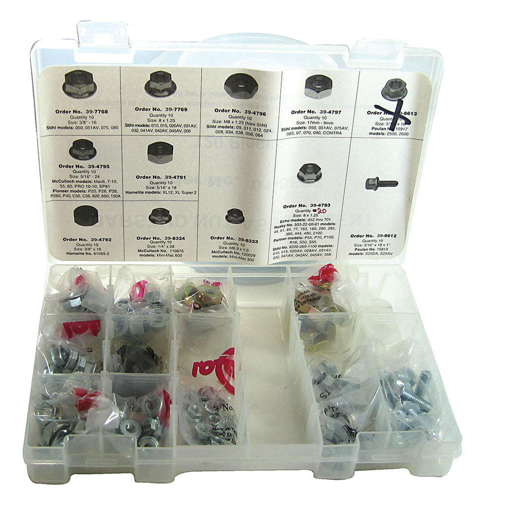 Clear container of assorted metal nuts, SKU CHC5452, 120-piece chainsaw guide bar nut kit