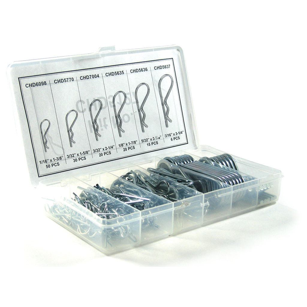 CHD5127 141-piece hair pin kit showing assorted R-clips in six sizes arranged in a compartment tray