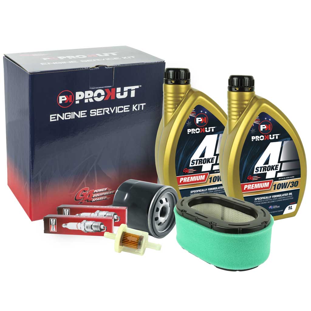ESK8635 Kohler engine service kit showing 3 inch high air filter, pre-filter, fuel filter, oil filter, oil bottles and spark