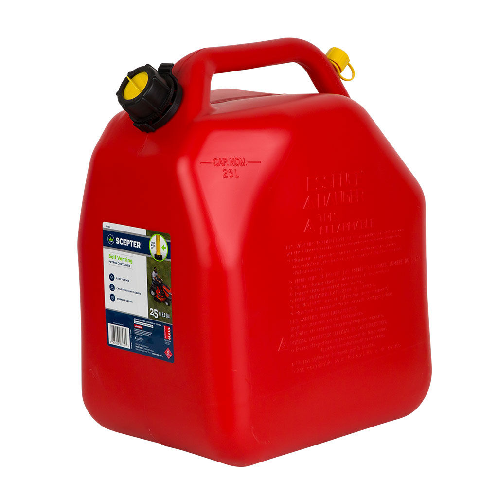 Red Scepter 25 litre plastic fuel can with pourer and child proof closure, SKU FUE6346