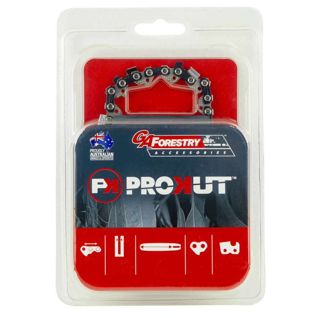 PROKUT 38F full-chisel chainsaw chain loop, .325 pitch, .058 gauge, 56 drive links, SKU GAF38F056DL, in retail blister pack