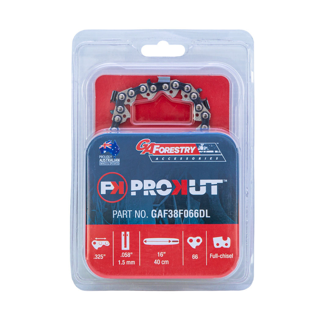 PROKUT 38F chainsaw chain loop, .325 pitch, .058 gauge, 66 drive links, in retail blister pack, SKU GAF38F066DL