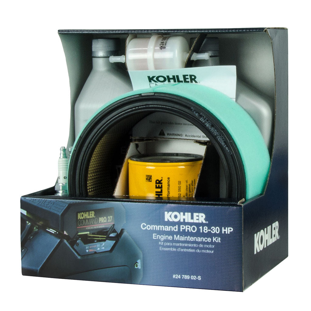 KOH2478902-S Kohler engine service kit showing air filter, pre-filter, fuel filter, oil filter, two oil quarts and two spark