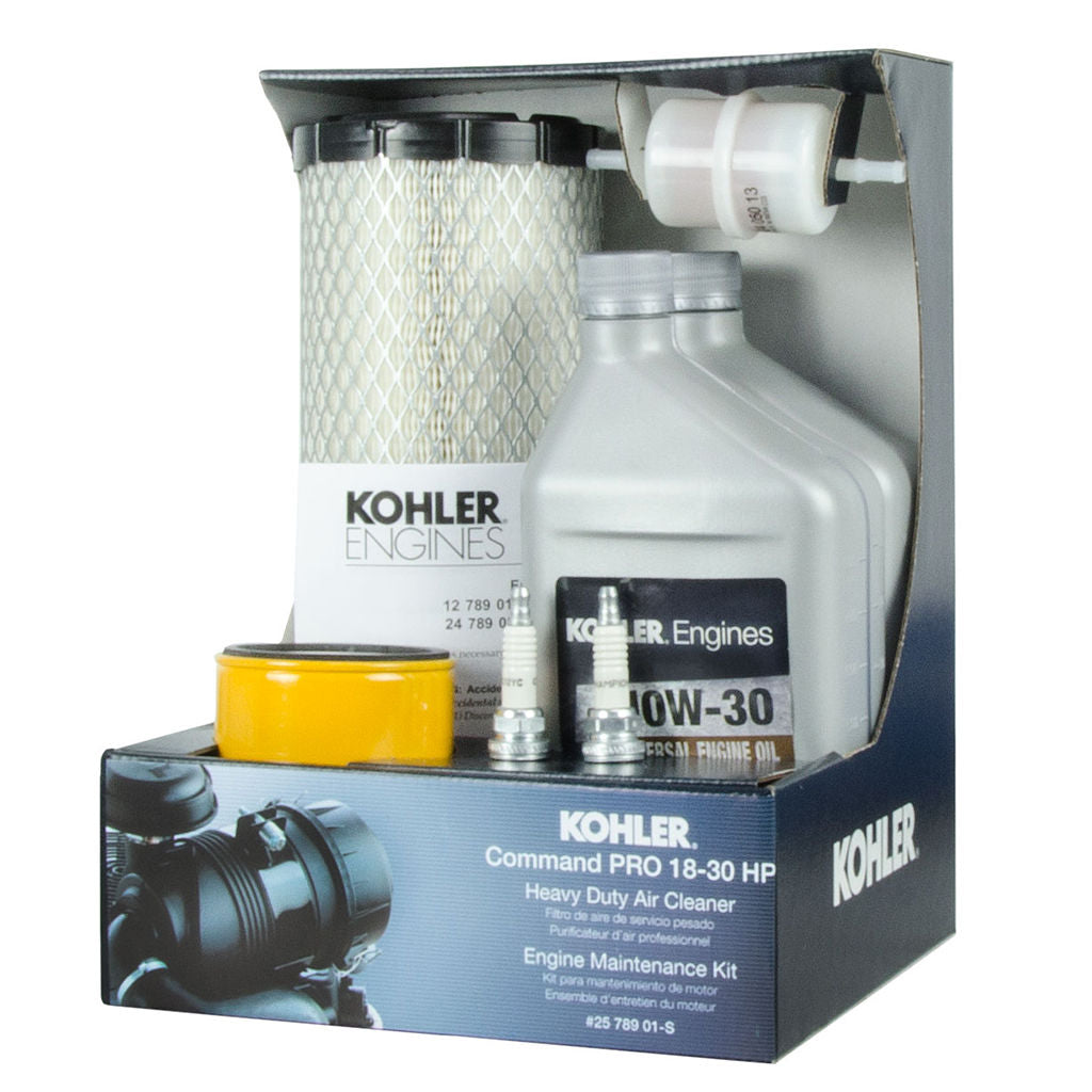 Kohler engine service kit KOH2578901-S showing air filter, fuel filter, oil filter, two oil bottles and two spark plugs