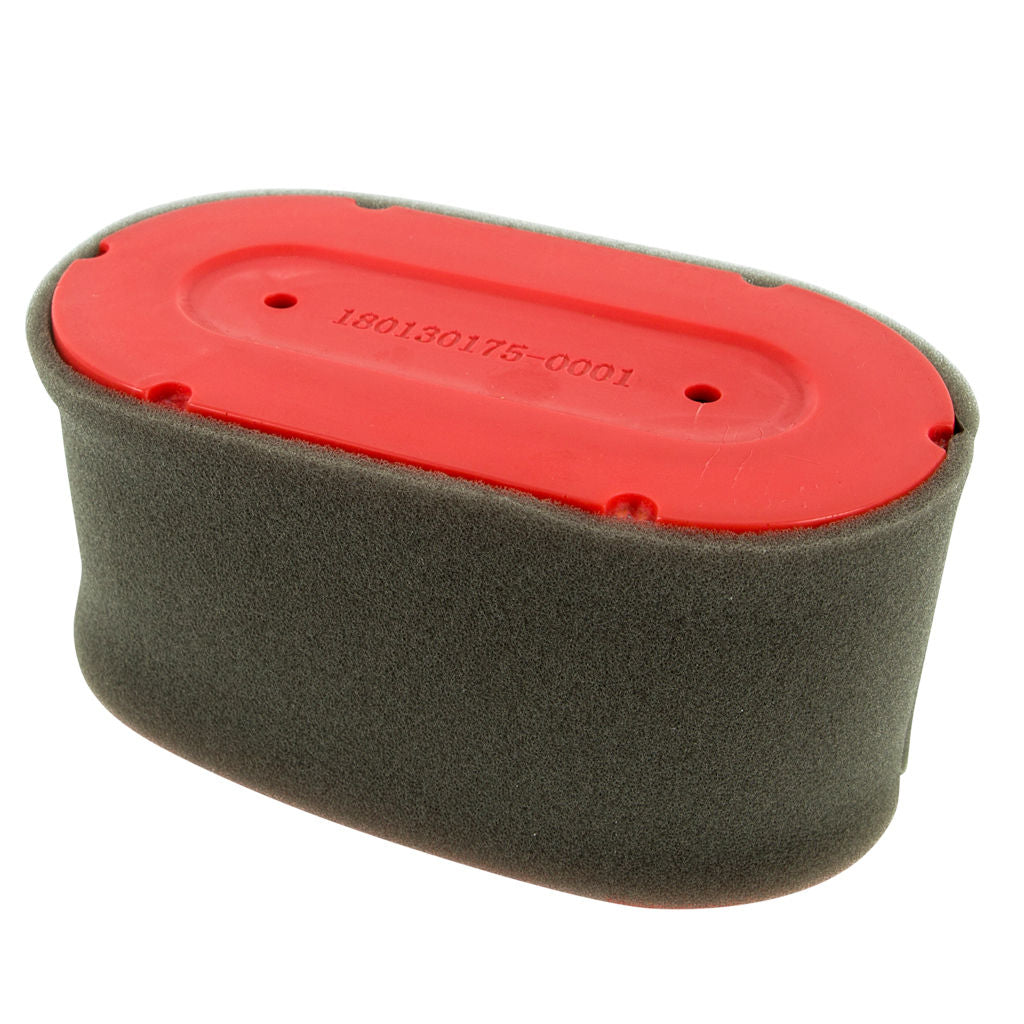 Red dual element air filter for LONCIN engines, SKU LON180130175-0001, shown as a round replacement filter element