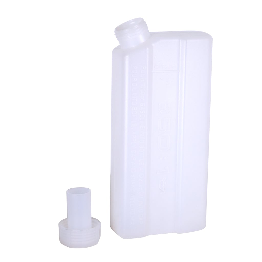 OIL-GA 1L 2-stroke fuel mixing bottle LUB8134 with measuring cup stored in the lid and 50:1 ratio markings