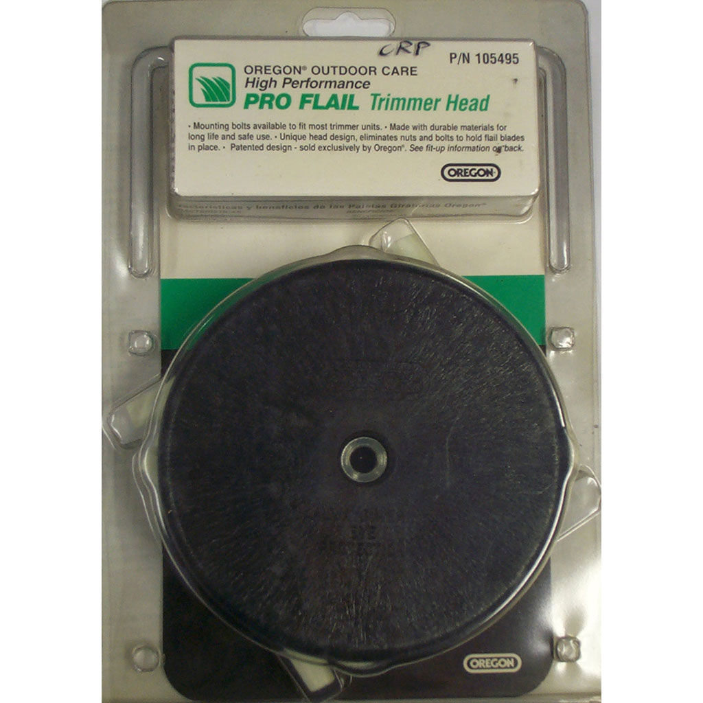 Oregon Pro 4 bladed flail head replacement part, SKU OMK105495, shown as a circular cutting head with four flail blades