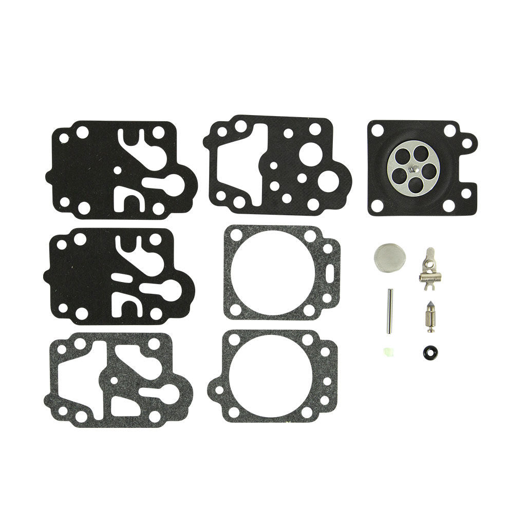 Genuine Walbro carburettor gasket and diaphragm repair kit OMKK10-WYC for Ryobi WYC-3 cultivator, laid out on a plain