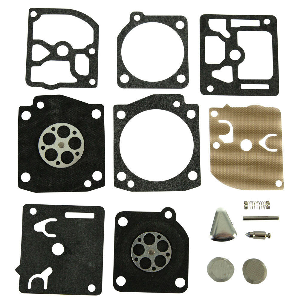 Genuine Zama RB-56 carburettor rebuild kit OMKRB-56 showing gaskets, diaphragms and seals in packaging