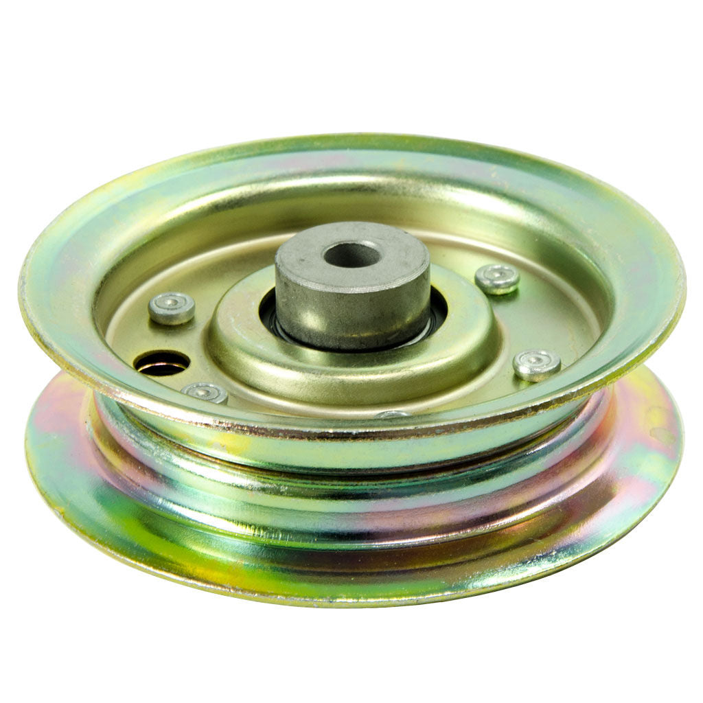 Steel flat idler pulley SKU PUL7813, 3 13/16 inch diameter with centre bore, for John Deere mowers