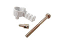 A hardware mounting kit featuring a white plastic bracket, a long threaded metal bolt with a round head, and a matching small metal sleeve, shown on a plain white background.