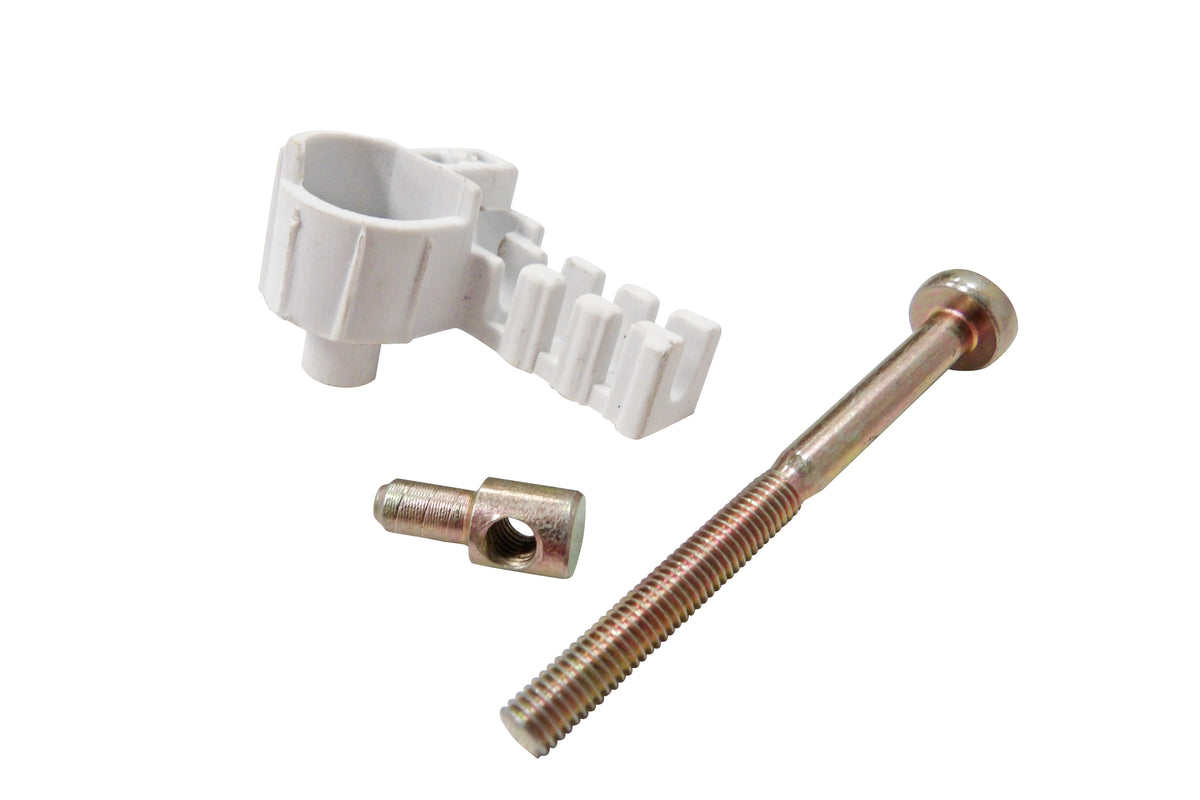 A hardware mounting kit featuring a white plastic bracket, a long threaded metal bolt with a round head, and a matching small metal sleeve, shown on a plain white background.