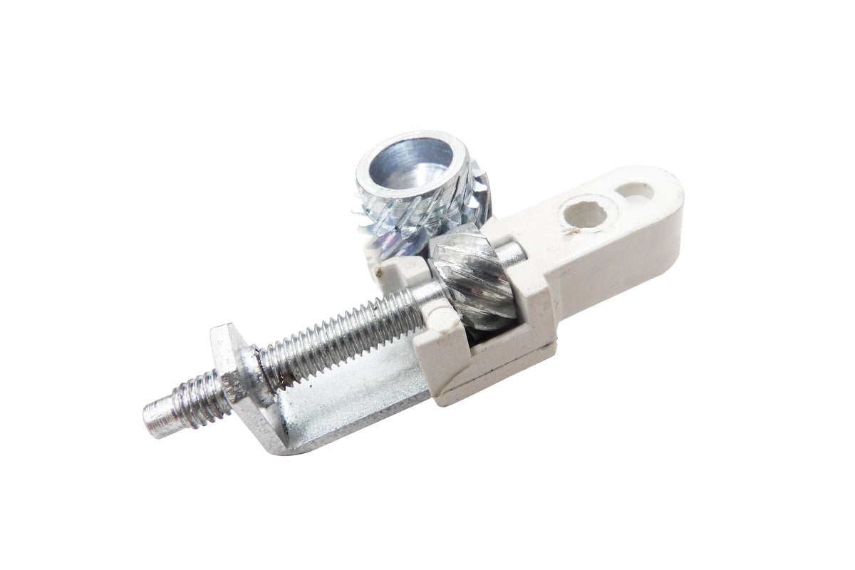 A metal mechanical component featuring a silver-colored threaded bolt, hex nut, and gear, attached to a white plastic bracket with a mounting hole, isolated on a white background.