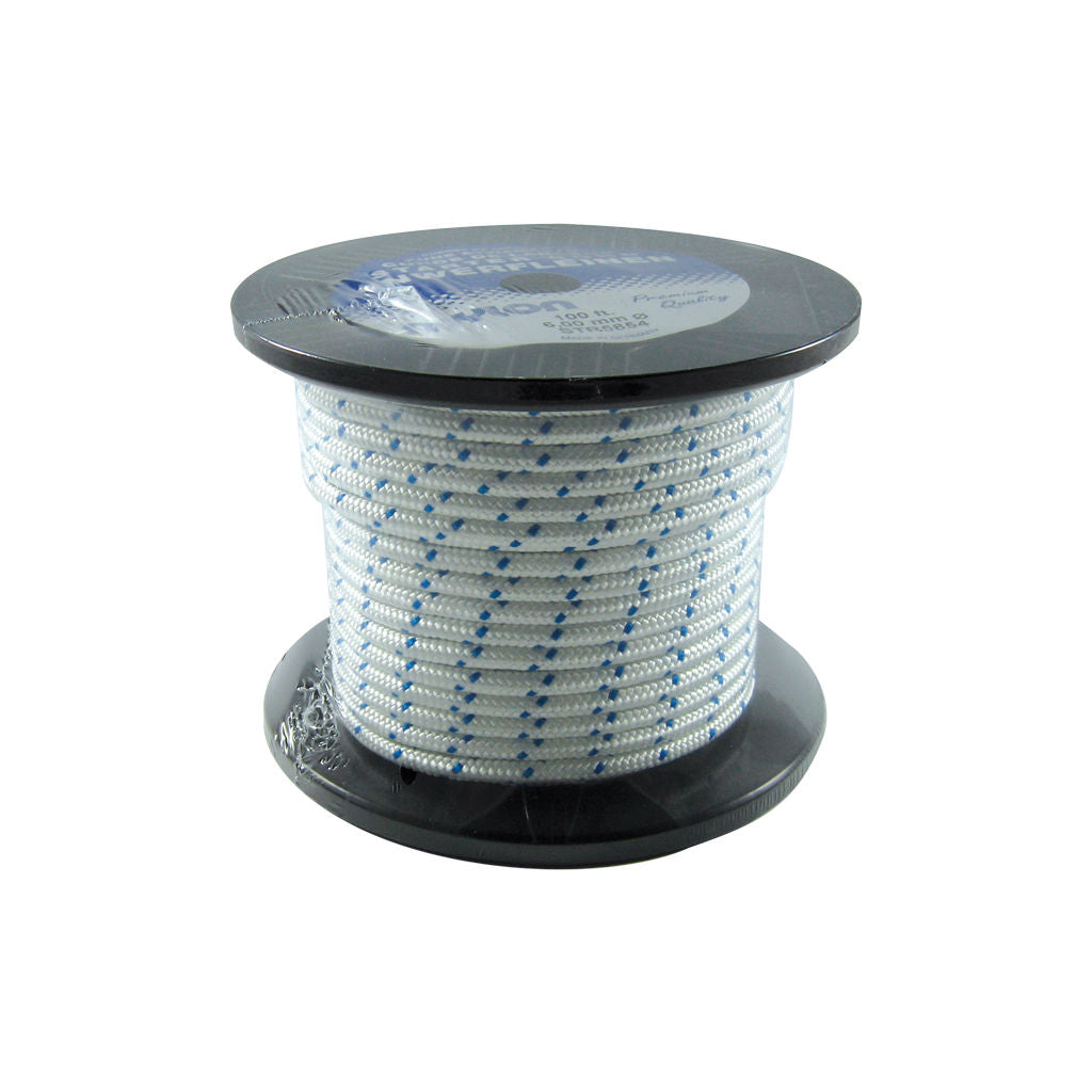 Coil of blue fleck #8 starter rope, 6mm diameter, SKU STR5854, shown as a 100 foot length