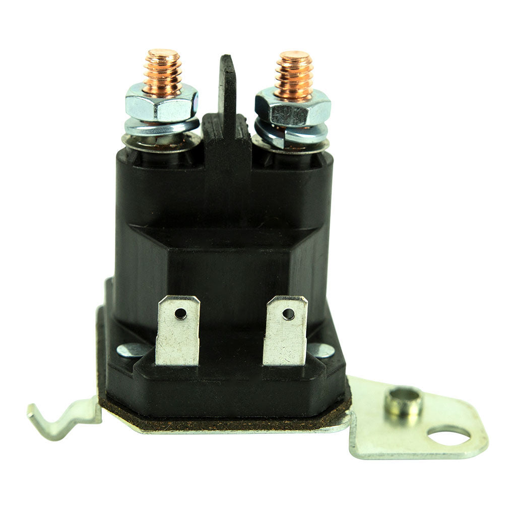 Starter solenoid SKU STR8490 with two round terminal posts and two spade terminals for Cub Cadet, MTD and Rover mowers