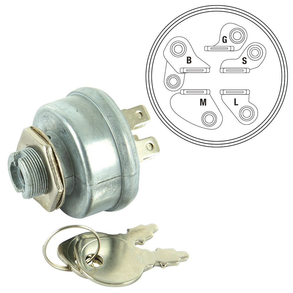 5 pin ignition switch with 5/8 inch mounting hole for Murray and Noma mowers, SKU SWT5487
