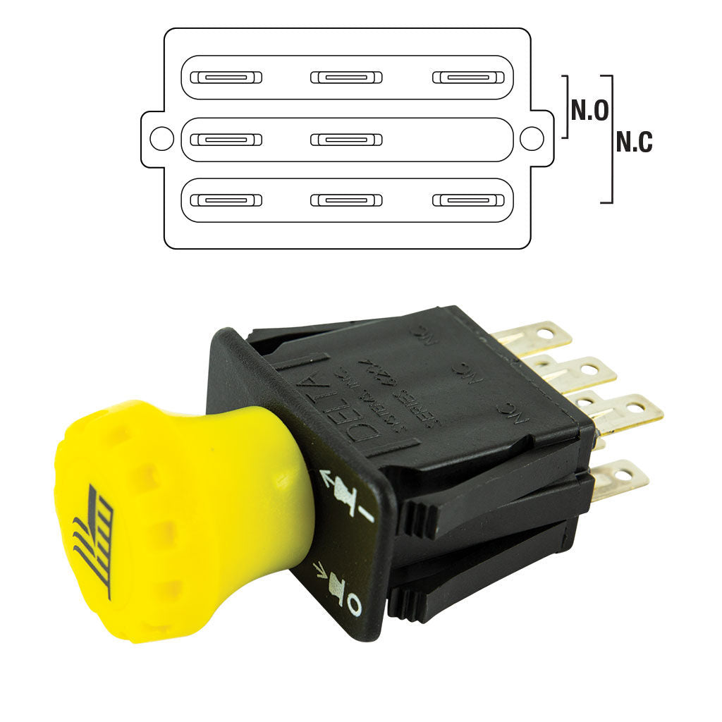 Non-genuine John Deere PTO switch with 8 terminals, SKU SWT8264, replacement part for ride-on mowers