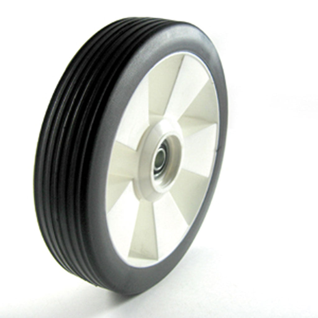8 inch plastic mower wheel with WWP2382 ball bearings, SKU WWP3997, shown as a replacement wheel for selected Flymo models