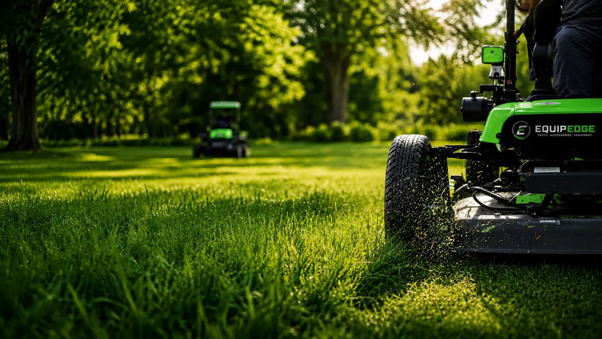 A green and black EquiEdge riding lawn mower is shown in a sunny, grassy backyard with trees in the background, with another lawn mower visible in the distance.